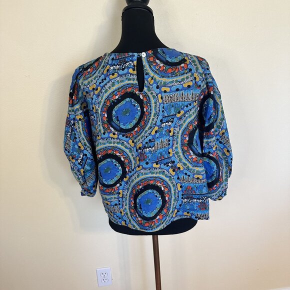 Impressions Womens Linen Blouse Geometric Blue Small Art to Wear Crew - Picture 2 of 5